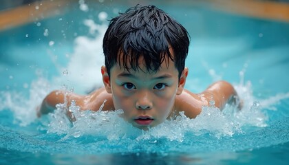 Young Asian boy swims in bright blue pool. Child has dark hair and blue eyes, is in action. Water splashes around him as he moves. Energetic and youthful movement.