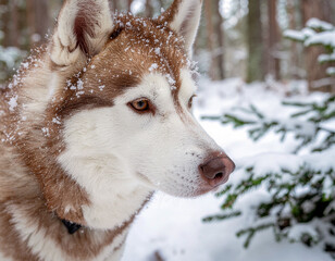 Brown and white husky sitting outside in the snow by some fir trees.