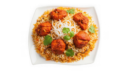 A plate of chicken biryani garnished with cilantro and onion rings a transparent background