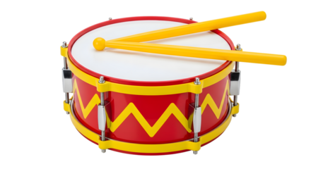 Red and yellow toy drum with drumsticks on white drumhead isolated on a transparent background musical instrument
