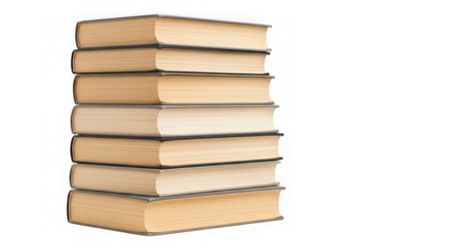 A stack of seven books with yellowed pages isolated on transparent background
