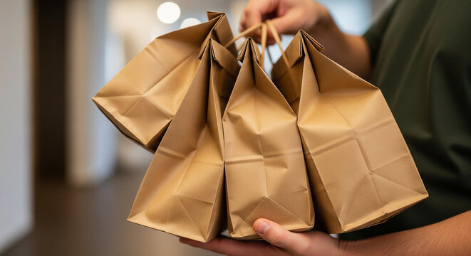 Entrega de comida en bolsas de papel kraft, primer plano de las manos