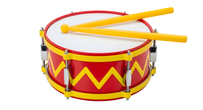 Red and yellow toy drum with drumsticks on white drumhead isolated on a transparent background musical instrument