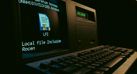 A vintage computer system stands illuminated in a dimly lit setting, its screen displaying technical text related to file inclusion.
