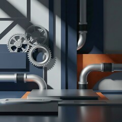 Fototapeta premium Industrial 3D scene with metal gears, pipes, and mechanical background in modern style. AI generated.
