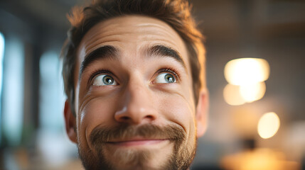 Focused Gaze: An inquisitive individual with captivating eyes and a warm smile glances upward, his expressions conveying genuine interest and a spark of curiosity.