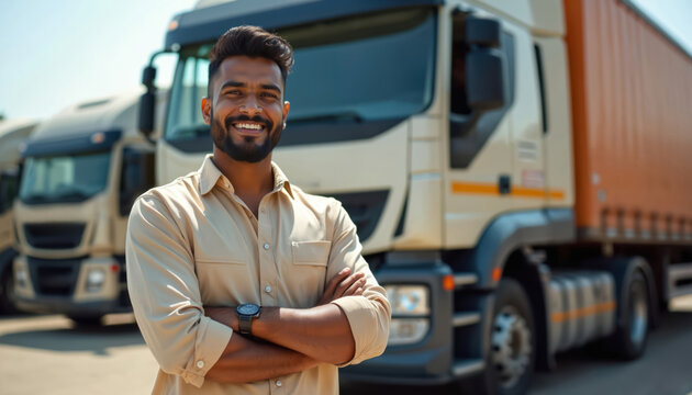 Confident Indian man stands proudly before large trucks in sunny outdoor setting. Wears casual shirt, watch with crossed arms displaying assurance. Image represents strength professionalism within