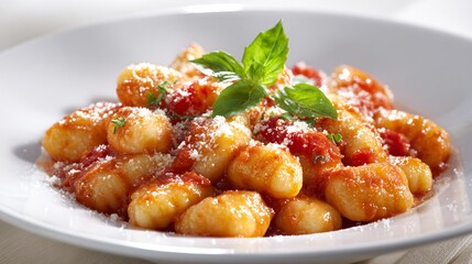 A gnocchi in tomato sauce, light neutral background, airy top-down shot