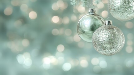 Silver Christmas ornaments with soft pastel bokeh holiday background