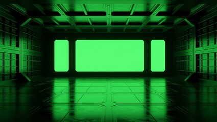Greenlit futuristic industrial room with reflective floor