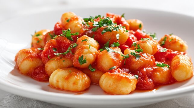 A gnocchi in tomato sauce, light neutral background, airy top-down shot