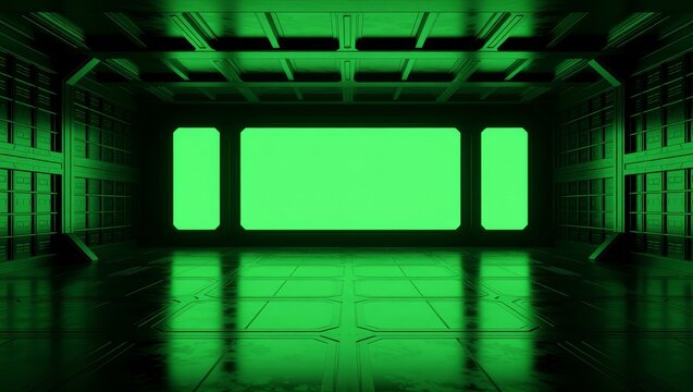 Greenlit futuristic industrial room with reflective floor