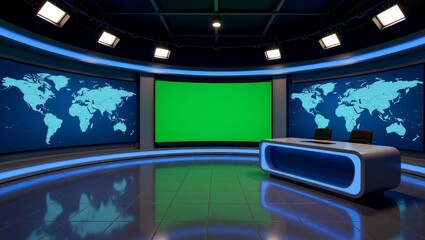 Modern news studio with world maps and green screen