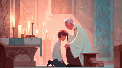 Warm illustrated Ash Wednesday blessing scene showing a priest gently placing ashes on a child during a peaceful church ceremony.