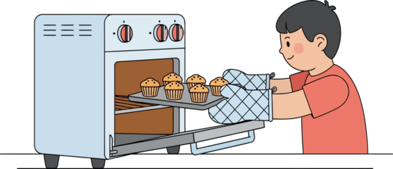Happy Young Person Removing Hot Muffins from Oven with Oven Mitts