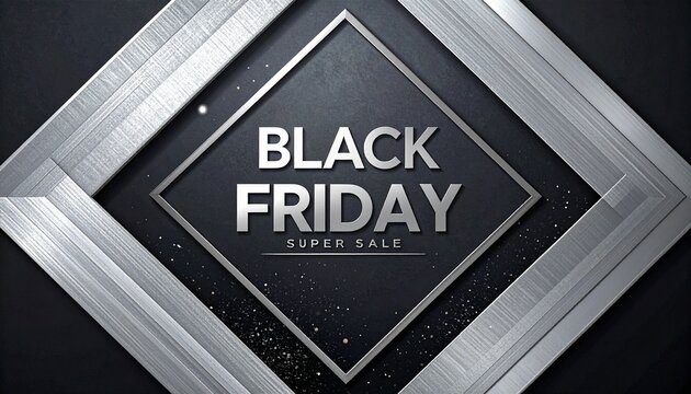 Black Friday Super Sale graphic with metallic diamond frame on dark background and silver diagonal lines. - Powered by Adobe
