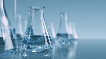 Laboratory glass flasks with clear liquid on reflective surface in modern blue scientific research setting
