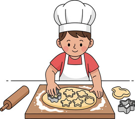 Cute Young Boy Wearing Chef Hat and Apron Baking Cookies with Cookie Cutters on a Wooden Board