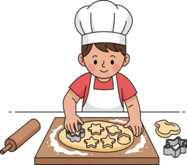 Cute Young Boy Wearing Chef Hat and Apron Baking Cookies with Cookie Cutters on a Wooden Board