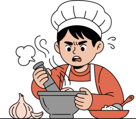 Angry Cartoon Chef Pounding Garlic in Mortar and Pestle