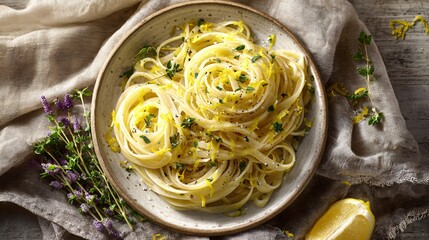 A linguine with lemon zest and herbs, flat lay, linen napkin accent, natural muted tones