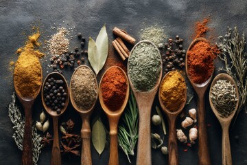 Colorful spices and herbs on wooden spoons arranged on dark stone table for cooking and food seasoning