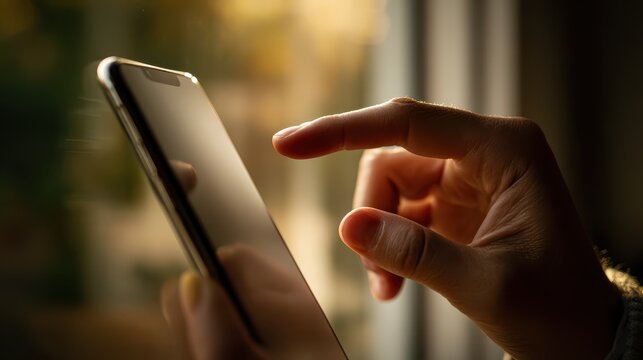 Close-up of a hand holding a smartphone and touching the screen in natural light