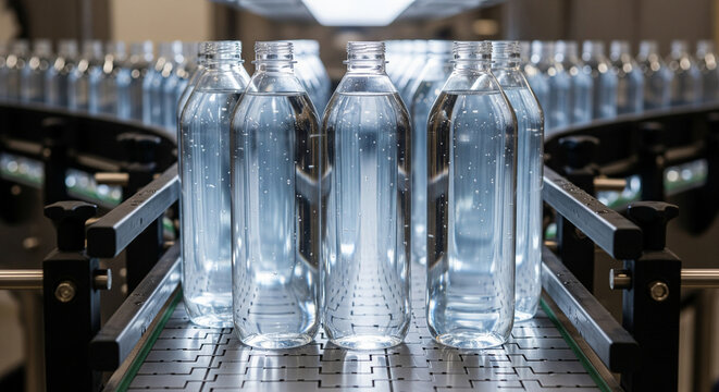 L&iacute;nea de producci&oacute;n en f&aacute;brica, transportador con botellas de agua de pl&aacute;stico.