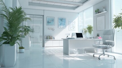 Modern white office interior clean workspace minimal design sunlight plants computer chair window