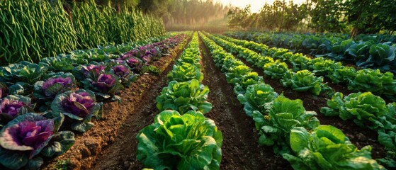 Organic vegetable farm with rows of lettuce and cabbage growing in fertile soil under morning sunlight