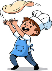 Happy Kid Chef Tossing Pizza Dough in Air - Cartoon Illustration of Child Cooking