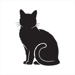 Obraz premium Black Cat Silhouette Vector – Furry Sitting Cat Illustration on White Background