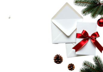 Festive holiday arrangement featuring an elegant gift box with a vibrant red ribbon, lush pine branches, charming ornaments, and natural pinecones, perfect for conveying seasonal joy and celebration