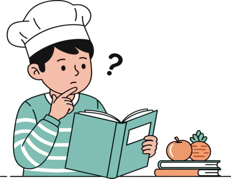 Thoughtful Young Chef Reading Cookbook and Pondering Recipe Ideas with Fresh Ingredients