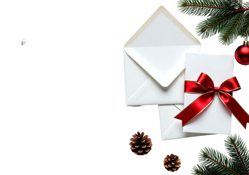 Festive holiday arrangement featuring an elegant gift box with a vibrant red ribbon, lush pine branches, charming ornaments, and natural pinecones, perfect for conveying seasonal joy and celebration