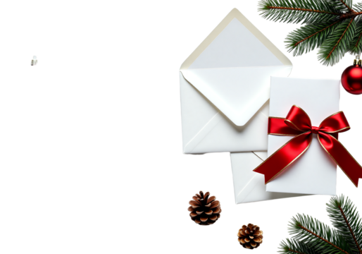 Festive holiday arrangement featuring an elegant gift box with a vibrant red ribbon, lush pine branches, charming ornaments, and natural pinecones, perfect for conveying seasonal joy and celebration