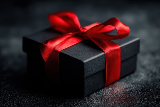 Close-up of a sleek black gift box wrapped with red ribbon, dramatic lighting