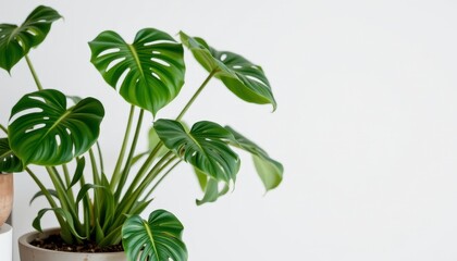 Obraz premium Lush Green Monstera Plant in Modern Pot on Neutral Background for Interior Design Inspiration