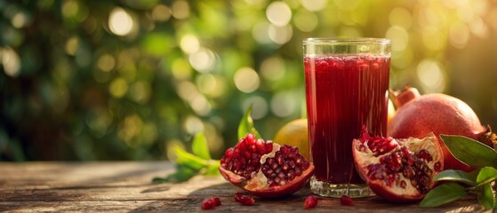 Fresh pomegranate juice with ripe fruit on wooden table