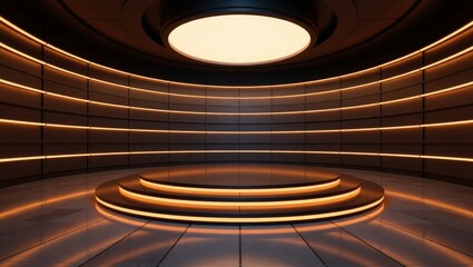 Futuristic circular platform with warm lighting in modern room