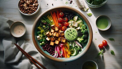 Delicious vegan Buddha bowl with fresh vegetables and tofu, a healthy lifestyle choice for mindful eating and vibrant wellness, enjoy the colorful dish