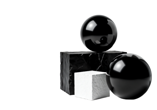 A minimalist composition of geometric shapes, including glossy black spheres and textured stone cubes, isolated on a pure white background with copy space for a modern abstract concept
