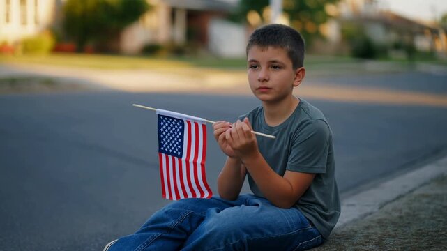 Patriotic young boy holding american flag on a sidewalk