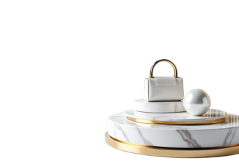 Elegant Small Bag Display on Round Marble Platforms with Gold Accents for Online Retail, Fashion Accessories, and Luxury Goods