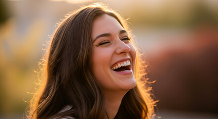 Fototapeta premium A radiant young woman laughing joyfully in the golden hour sunlight