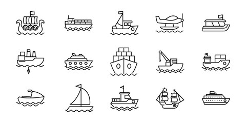 Diverse Collection of Boat and Ship Icons for Transportation and Nautical Themes