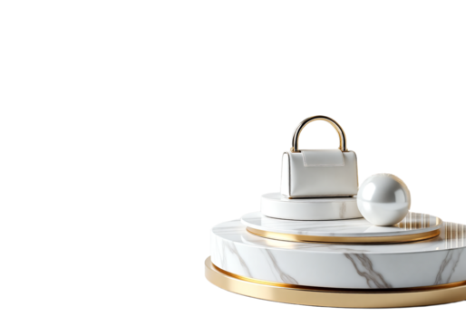 Elegant Small Bag Display on Round Marble Platforms with Gold Accents for Online Retail, Fashion Accessories, and Luxury Goods
