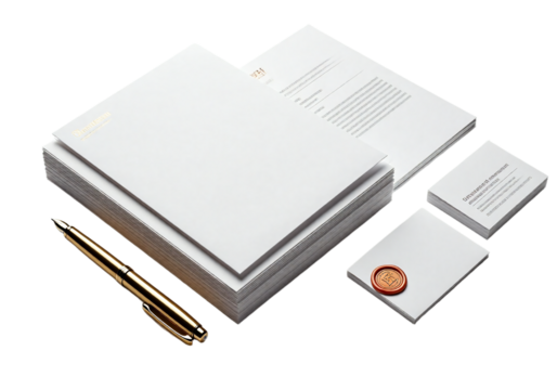 Premium Stationery Set Featuring Elegant White Paper Stack, Golden Pen, and Wax Seal Stamp for Professional Business Correspondence and Elegant Documentation