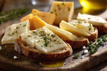 Close-up of assorted cheese slices resting on rustic bread on a wooden board