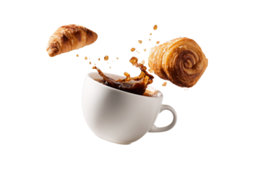 Dynamic coffee splash with floating croissant and pastry in mid air isolated on transparent background